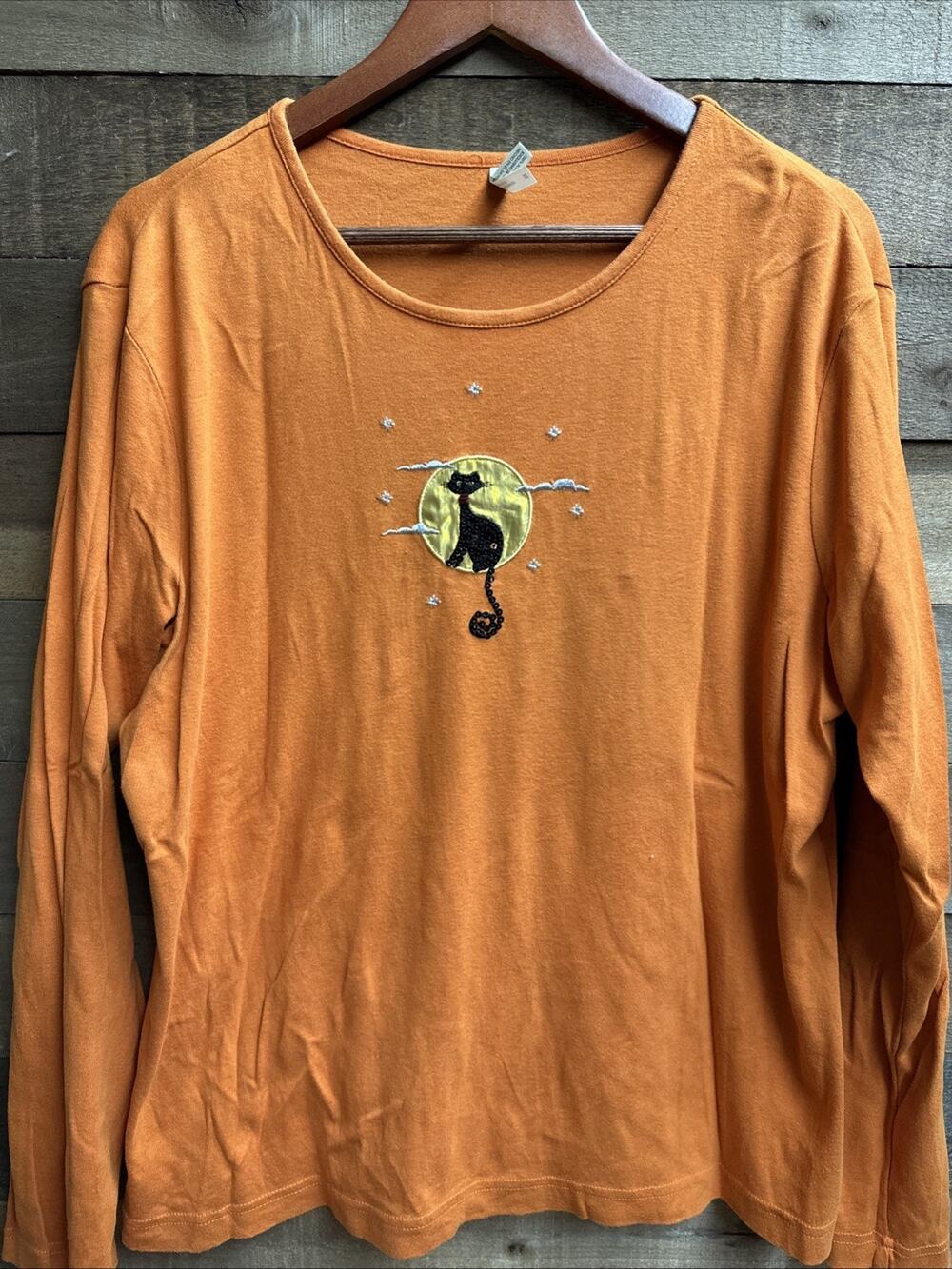 Halloween White Stag Orange Ladies XL Black Cat Sequins Moon Long Sleeve T Shirt